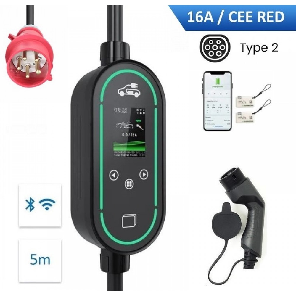 FlowBox 11Kw Carregador Portátil T2 Trifásico (Cabo 5mts) (Ajustável de 6A a 16A de 1A em 1A) Wi-Fi + RFID + APP + (Bolsa)