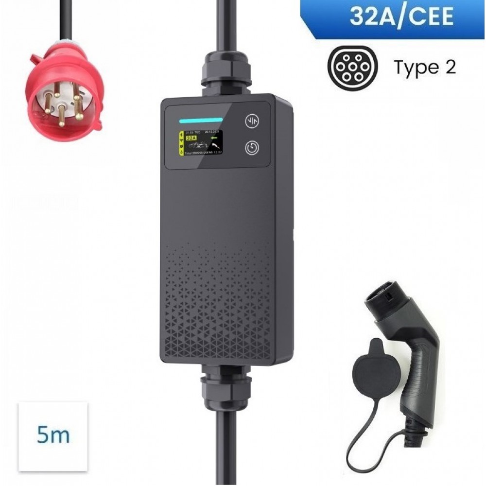 VoltEco Carregador Portátil  22Kw T2 Trifásico (Cabo 5mts) Ajustável de 6A a 32A + (Bolsa)