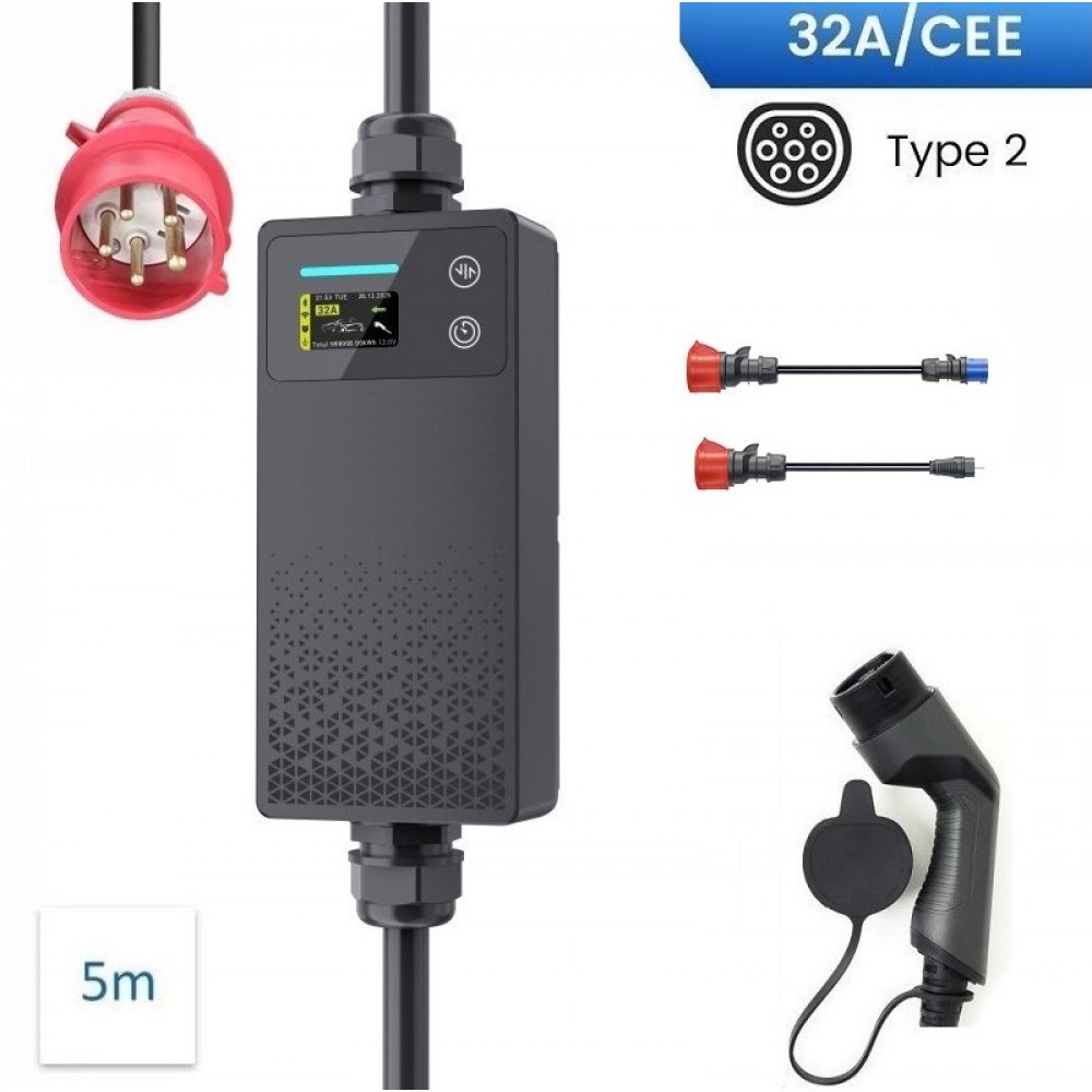 VoltEco Carregador Portátil 22Kw T2 Trifásico (Cabo 5mts) Ajustável de 6A a 32A Kit PT + (Bolsa)