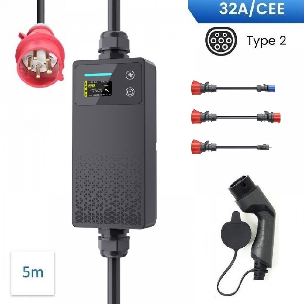 VoltEco Carregador Portátil  22Kw T2 Trifásico (Cabo 5mts) Ajustável de 6A a 32A Kit PT PLUS + (Bolsa)